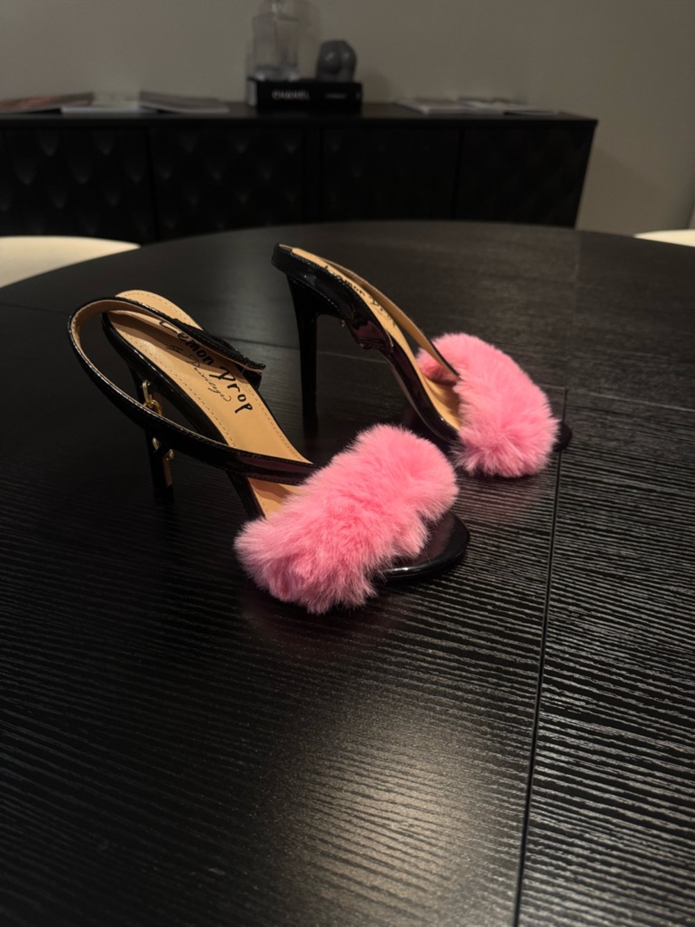 Dolls Kill Black Patent Slide Heels with Pink Fur- Never worn - Picture 3 of 4